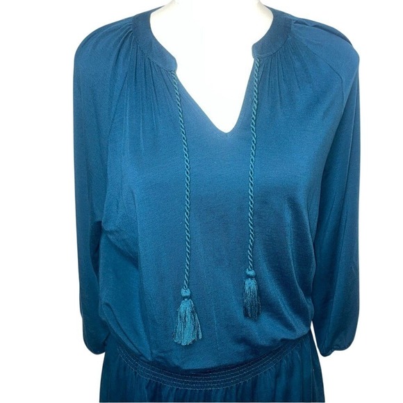 Garnet Hill Teal Blue Smocked Waist Tassel Tie V Neck Long Sleeve Dress M - Picture 5 of 10
